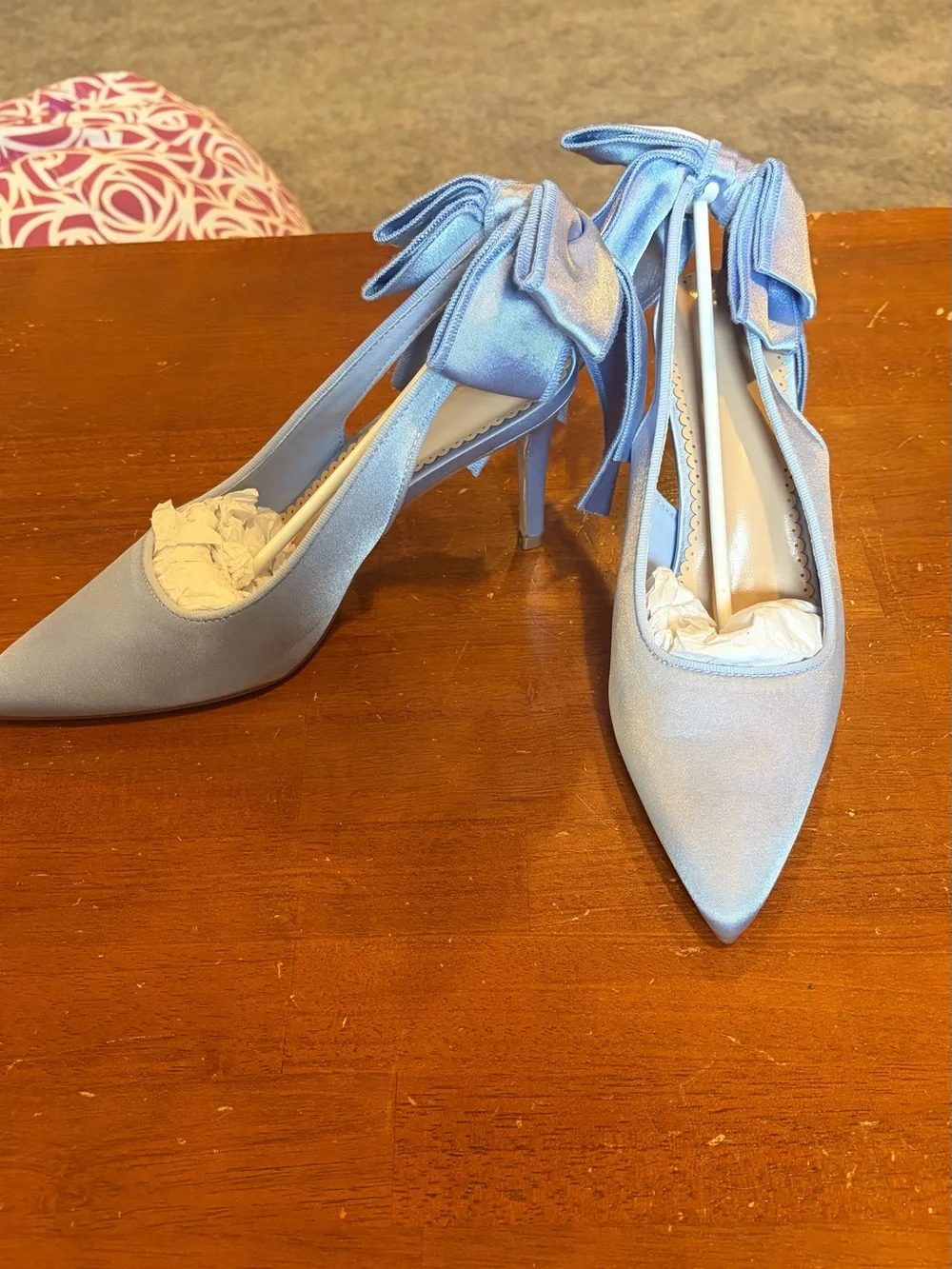 Blue Satin Slingback‎ Heels Bow Stiletto Pumps Wedding Bridal Shoes Size 7 New
